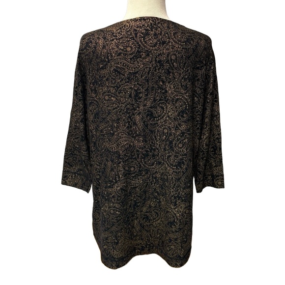 Lauren Ralph Lauren Womens 1X Black Gold Metallic Paisley Cotton Top 3/4 Sleeves - Picture 4 of 5